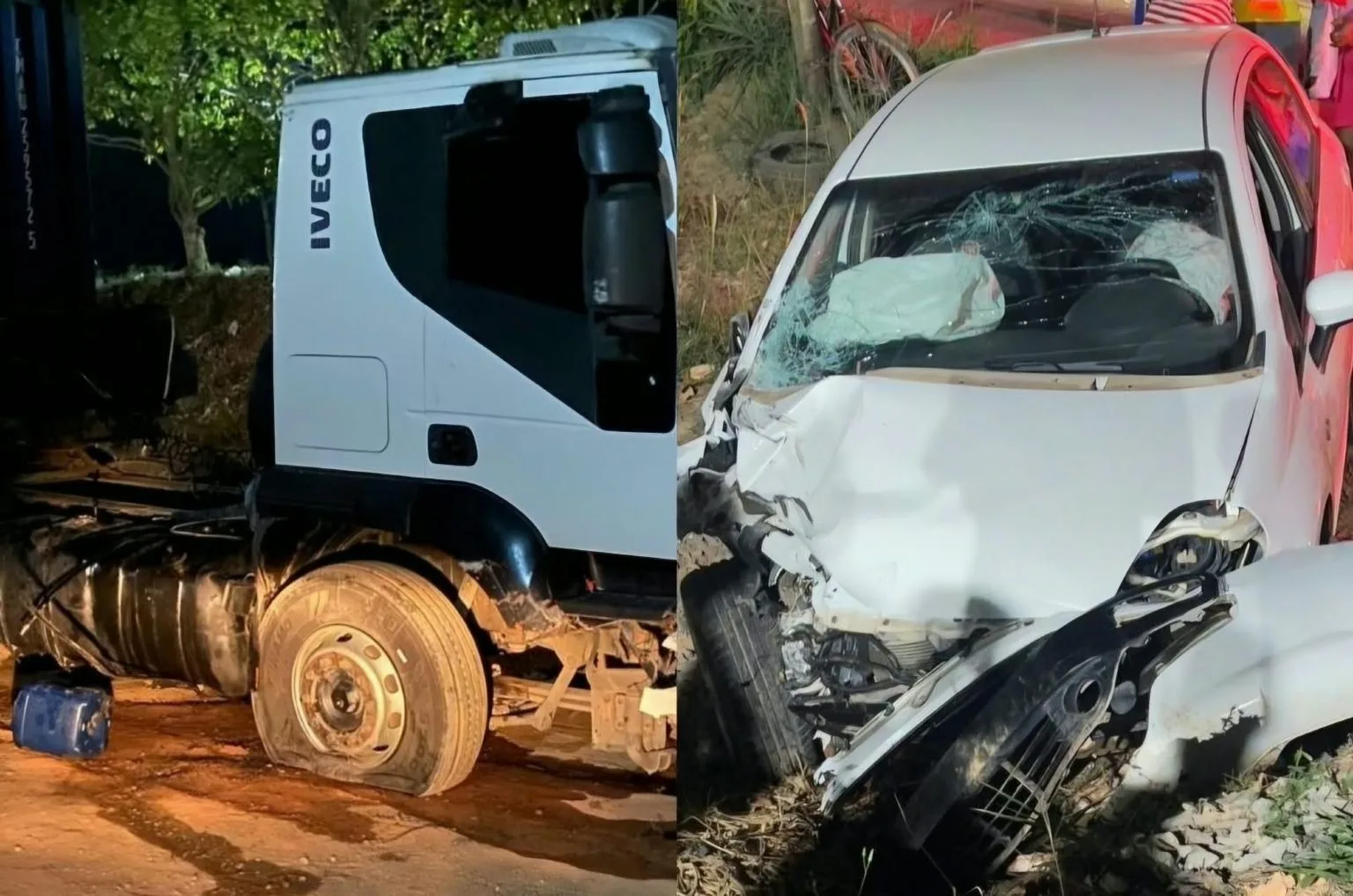 Batida entre carro e carreta deixa motorista ferido em Presidente Tancredo Neves
