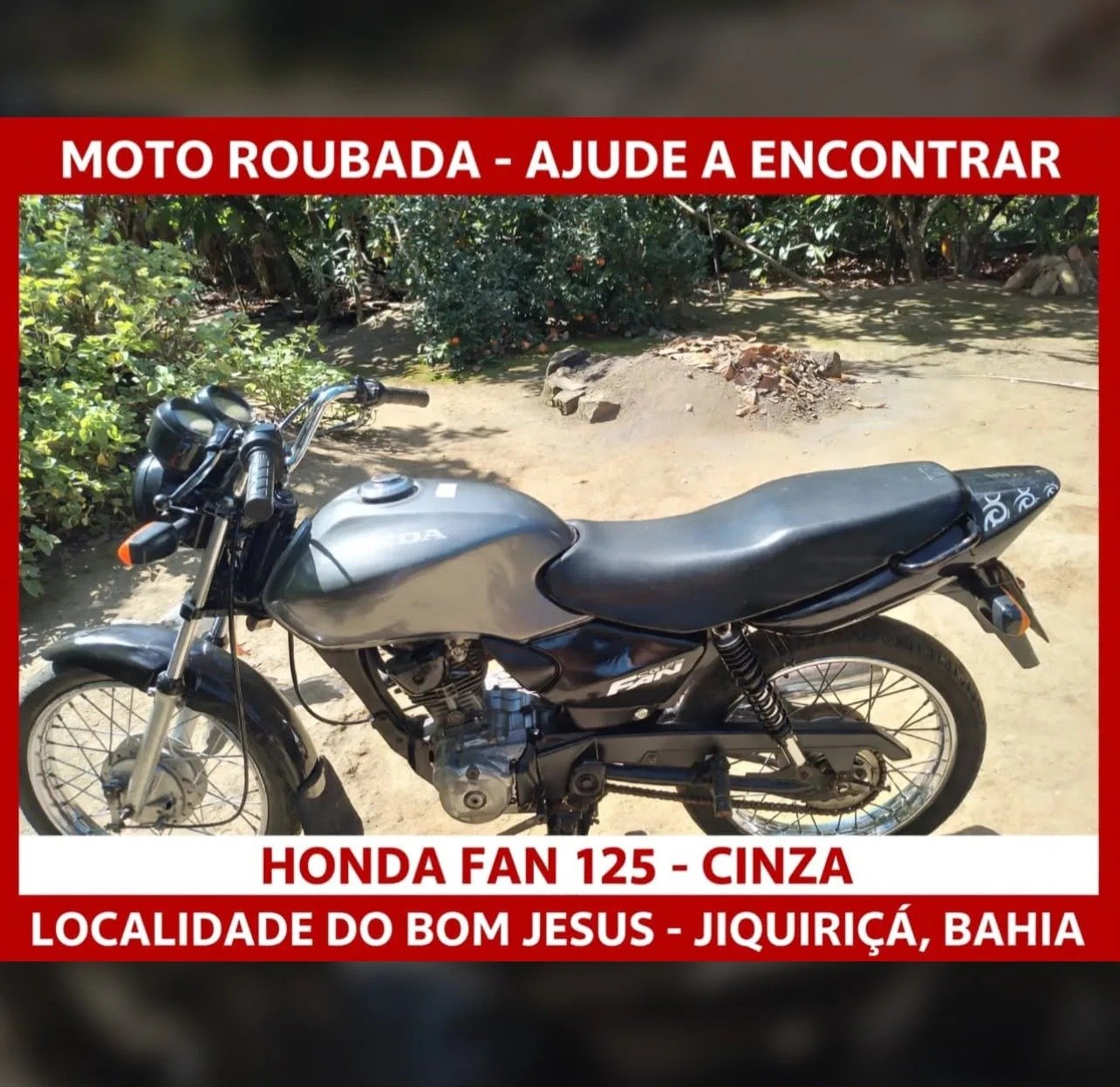 Honda Fan 125 é furtada na zona rural de Jiquiriçá